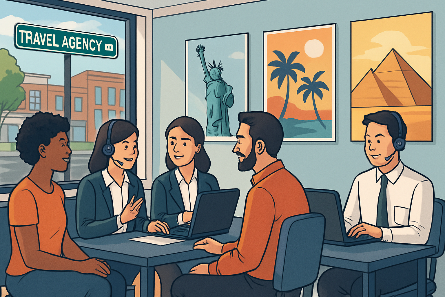 Expert travel consultants assisting clients on Travel Agency Road